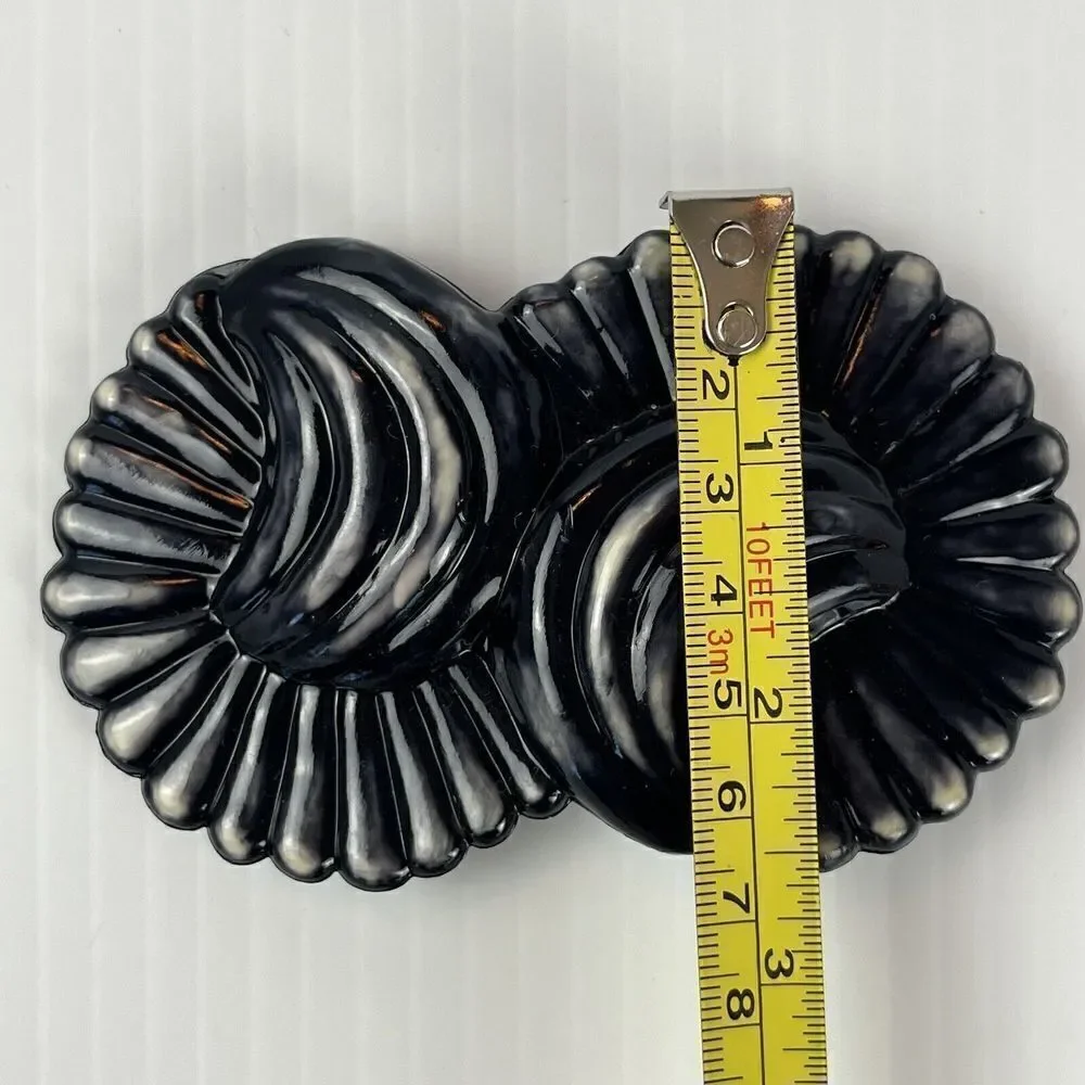 Vintage Belt Buckle Plastic Black Swirl Double Flower Shell Design